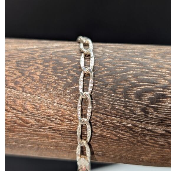 Vintage 925 Sterling Silver Textured Oval Chain Link Charm Bracelet - Picture 3 of 4